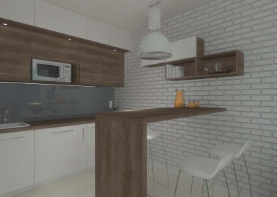 Projekt wnętrza kuchni zaprojektowanej w kolorach bieli i brązu przez Mobiliani Design w Bydgoszczy.