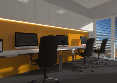 Stanowiska komputerowe w projekcie wnętrza biura.