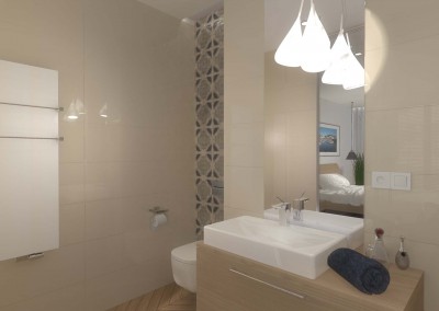Dekoracyjne oświetlenie oraz stylowe meble dla wnętrza łazienki w hotelu.