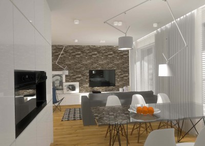 Wizualizacja projektu wnętrza - widok na salon z części kuchennej mieszkania.