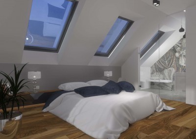Sypialnia zlokalizowana jest w najwyższej części domu. We wnętrzu, do którego przylega również łazienka, znajdują się w sumie 3 okna dachowa przepuszczające światło.
