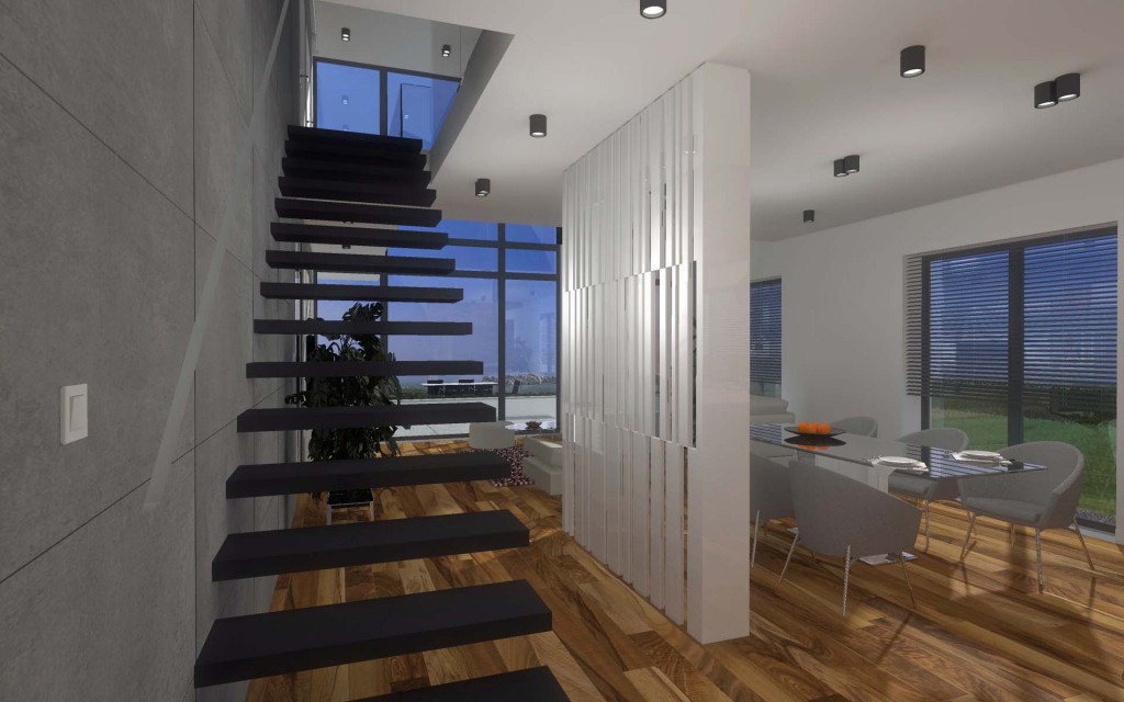Projekt wnętrz uwzględnia designerskie schody prowadzące na piętro