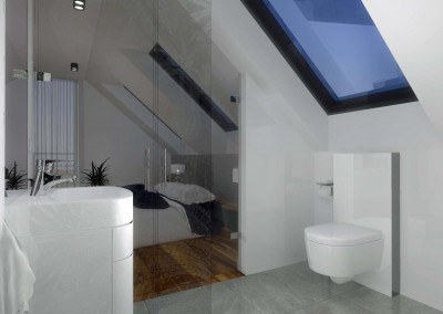 Sypialnia i łazienka połączone przezroycztymi drzwiami, w nowoczesnym, skandynawskim stylu