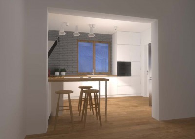 Aranżacja wnętrza nowoczesnej kuchni w bieli z dodatkiem drewna