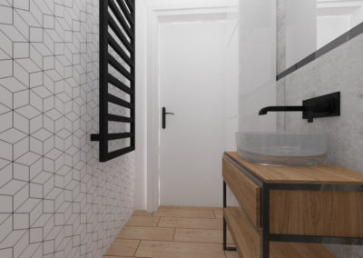 Projekt aranżacji wnętrza łazienki - biel, czerń i naturalne drewno